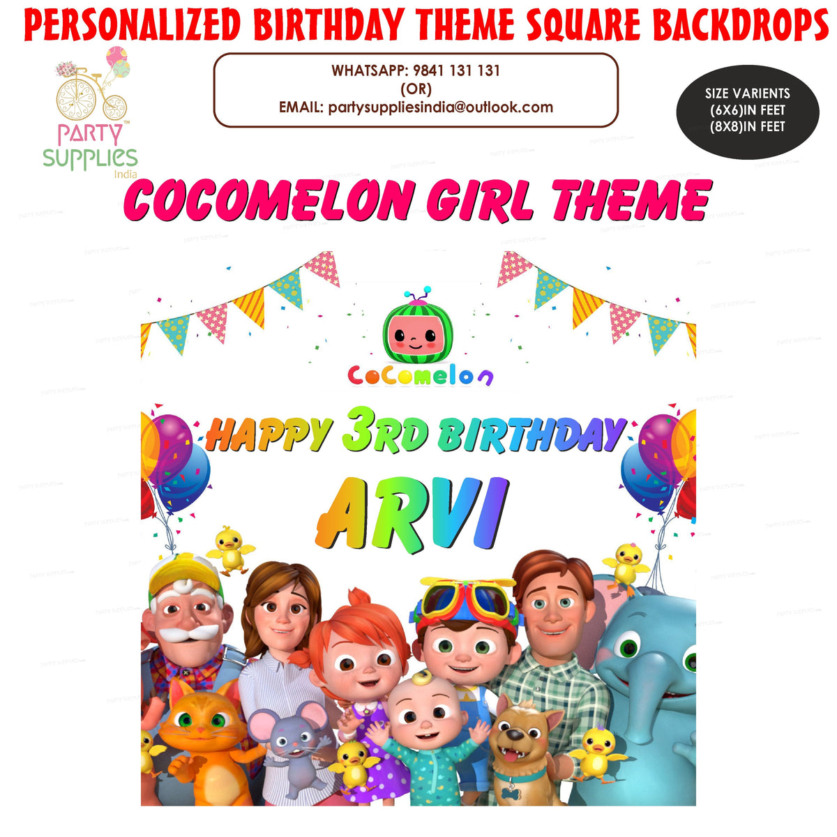 PSI Coco Melon Theme Girl Personalized Square Backdrop